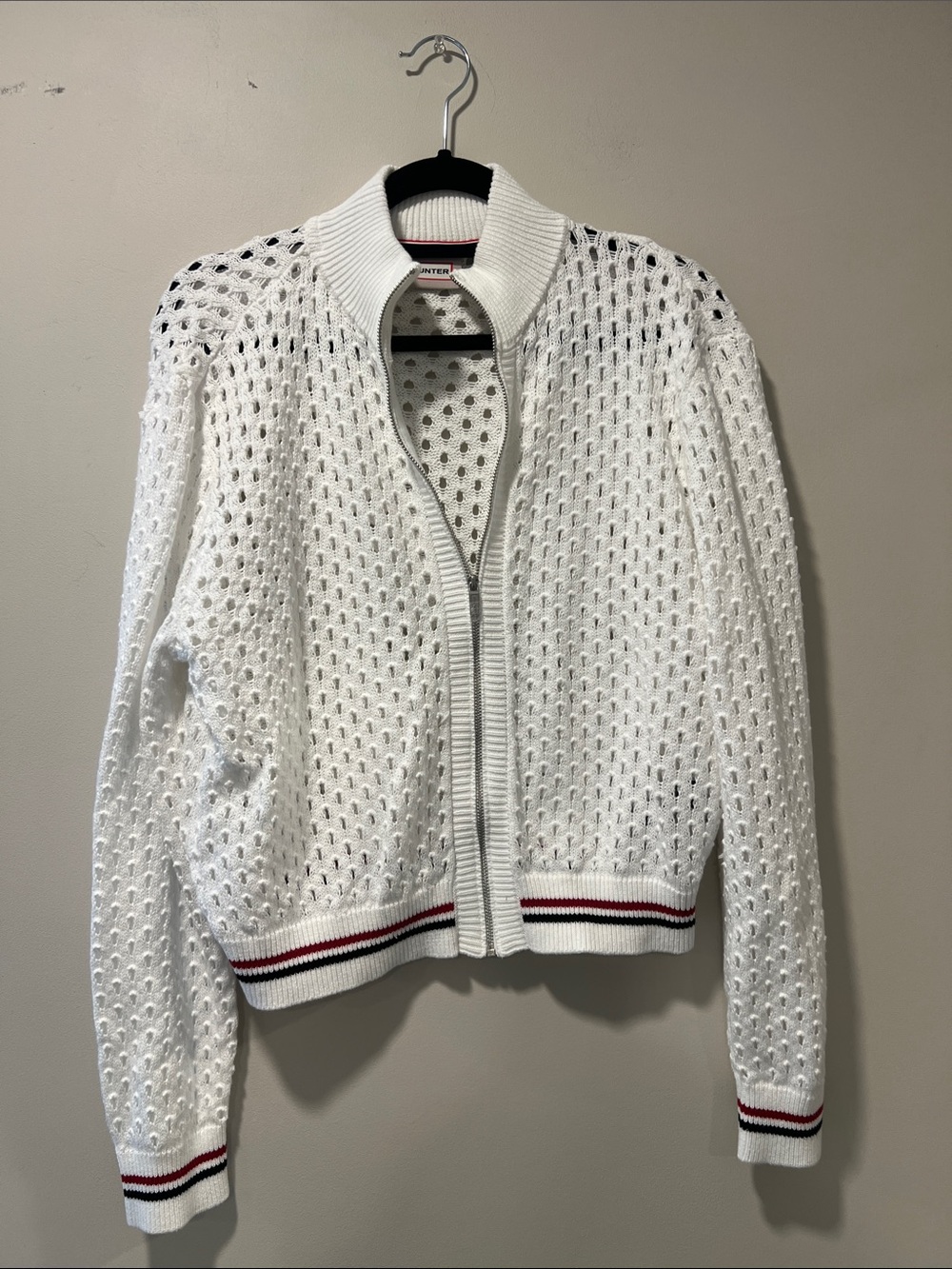 Hunter Women's White Cropped Openwork Bomber Jacket White with Red & Black Trim - Picture 6 of 12